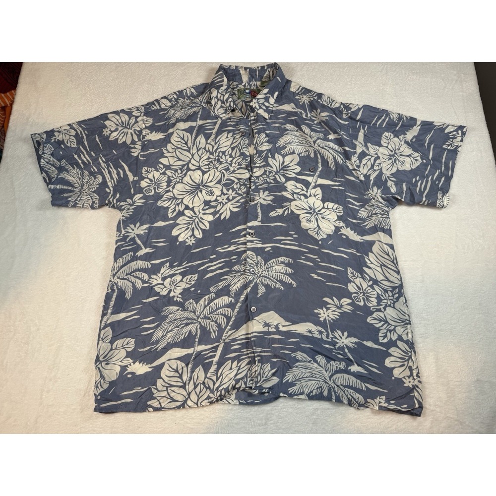 Hilo Hattie Silk‎ Hawaiian Shirt Mens XL Blue White Floral 100% Silk Vacation